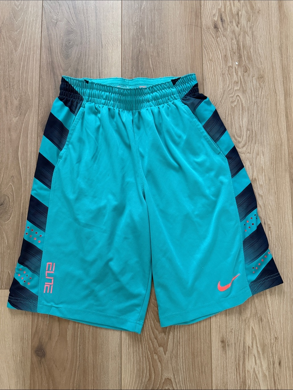 Nike Men’s Turquoise Athletic Shorts with Navy Stripes and Pink Swoosh